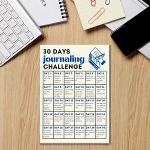 May include: A white and blue printable 30-day journaling challenge with prompts for each day. The challenge is designed to help you reflect on your life, appreciate the good things, and set goals for the future.