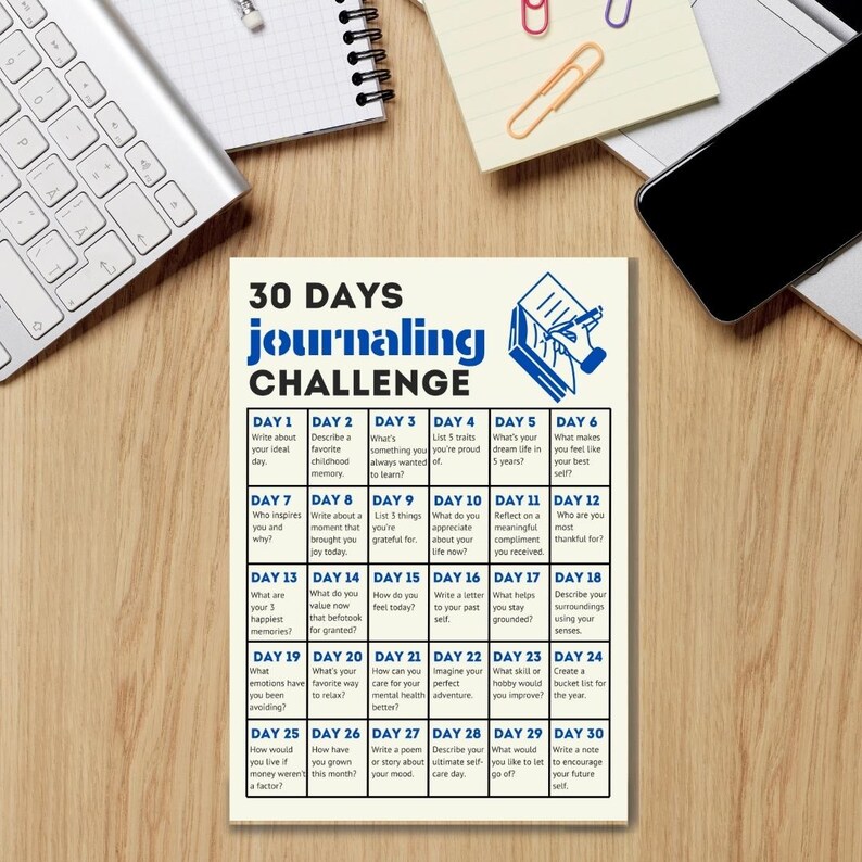 May include: A white and blue printable 30-day journaling challenge with prompts for each day. The challenge is designed to help you reflect on your life, appreciate the good things, and set goals for the future.
