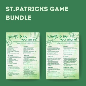 Könnte beinhalten: Zwei druckbare Spielkarten zum Thema St. Patrick's Day mit grünem und weißem Hintergrund. Die Karten sind mit "What's in your purse?" und "What's on your phone?" betitelt und zeigen eine Liste von Gegenständen, die man für Punkte finden kann.