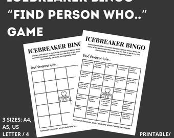 Puede incluir: Un juego de bingo de rompehielos imprimible en blanco y negro con el texto "Encuentra a alguien que..." y una lista de indicaciones para ayudar a las personas a conocerse. El juego está diseñado para jugarse en grupo y es una forma divertida de romper el hielo.