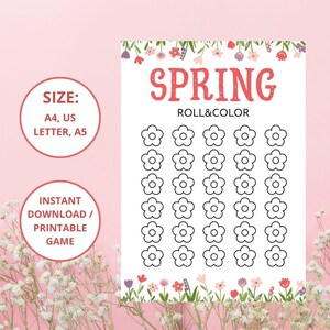 Könnte beinhalten: Druckbares Frühlings-Roll-und-Mals-Spiel mit floralem Rand. Das Spiel enthält 24 Blumenformen zum Ausmalen.