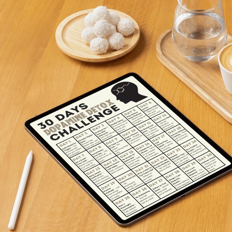 May include: A digital tablet displaying a 30-day dopamine detox challenge. The challenge includes daily activities such as no social media, no screen time, and mindful meditation.