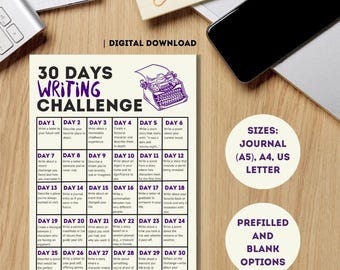 30-Day Writing Challenge Printable: Improve Your Skills (A4, US Letter, A5) (Instant Download)