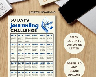 30-Day Journaling Challenge Printable – Self-Care & Personal Growth Prompts / A4, A5, US Letter