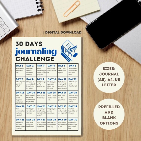 30-Day Journaling Challenge Printable – Self-Care & Personal Growth Prompts / A4, A5, US Letter