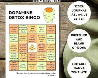 May include: A printable dopamine detox bingo card with a yellow, orange, and brown pyramid in the center. The card has 25 squares with activities to help reduce screen time and digital distractions. The card includes activities like reading a book, taking a nap, going for a walk, practicing mindfulness, and having a technology-free meal. The card also includes the text "Pause the digital noise and embrace the present."