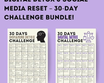 May include: A printable 30-day digital detox and dopamine detox challenge bundle. The challenge includes daily prompts for a digital detox and a dopamine detox. The challenges are organized in a grid format with a purple and white color scheme.