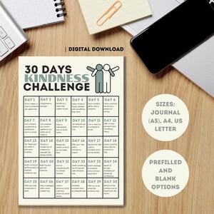 Desafio de gentileza de 30 dias para impressão | Espalhe positividade e aumente seu bem-estar | A4, carta dos EUA, A5 | Download instantâneo