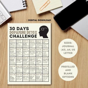 May include: A printable 30-day dopamine detox challenge journal with daily prompts for reducing digital distractions, social media use, and other dopamine-inducing activities. The journal is available in A5, A4, and US Letter sizes and comes in prefilled and blank options.