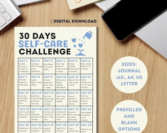 30-Day Self-Care Challenge Printable | Daily Self-Care Tasks | Wellness & Mindfulness Journal / A4, A5, US Letter