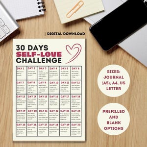 Puede incluir: Un diario imprimible de 30 días para un desafío de amor propio con un gráfico de corazón rosa. El diario incluye indicaciones diarias para el cuidado personal y la autorreflexión. El diario está disponible en tamaños A5, A4 y US Letter. Viene en opciones pre-rellenadas y en blanco.