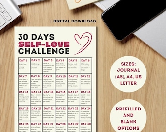 30-Day Self-Love Challenge Printable | Daily Self-Care & Confidence Boost Journal Prompts | Mindfulness and Self-Growth PDF