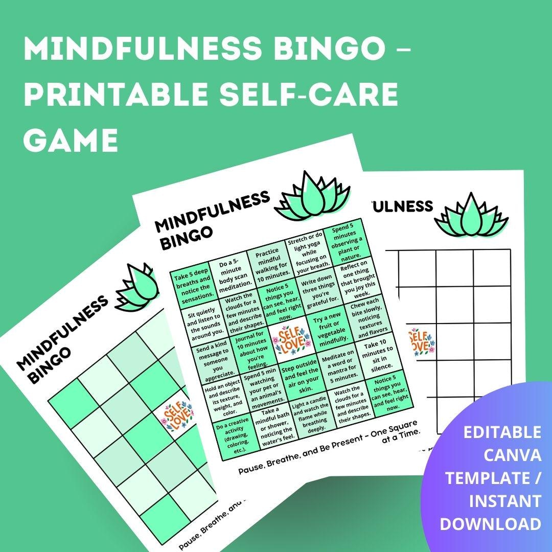 Mindfulness Bingo – Printable Self-care Game & Editable Canva Template ...