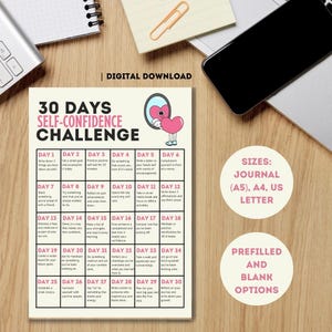 30-Day Self-Confidence Challenge Printable – Boost Your Confidence & Self-Worth!/ A4, A5, US Letter