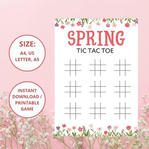Könnte beinhalten: Druckbares Tic-Tac-Toe-Spiel zum Thema Frühling mit floralem Rand. Das Spiel ist in den Größen A4, US Letter und A5 erhältlich.