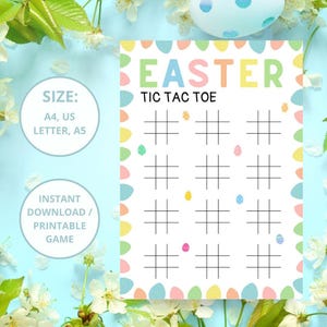 May include: Printable Easter Tic Tac Toe game with a colorful pastel egg border. The game board is white with black lines and includes colorful eggs as game pieces.