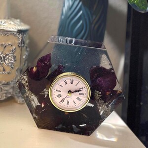 Handmade Resin Clock with Roses - Octagon Desk Decor