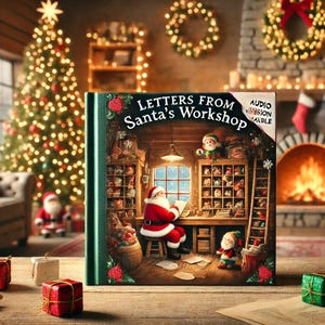 Könnte beinhalten: Ein grünes Hardcover-Buch mit dem Titel "Briefe aus der Weihnachtswerkstatt" mit einer Illustration von Weihnachtsmann, der in seiner Werkstatt Briefe schreibt. Eine Audioversion ist verfügbar.