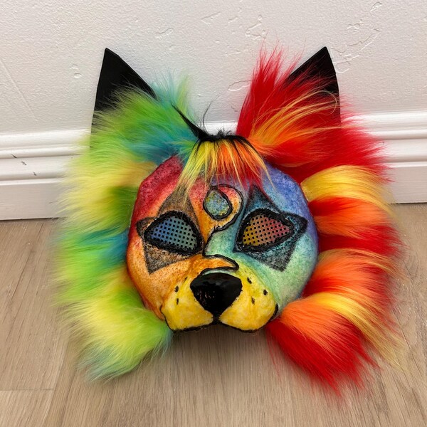 Multicolored Red and Blue Therian/Furry/Quadrobist cat mask