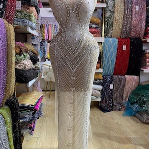 rhinestone appliqué  /silver rhinestone panel / long bridal full set / beaded fabric / glass stones sparkly lace