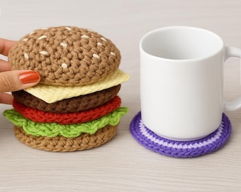 Crochet Hamburger Coaster Set: 7-Piece Handmade Quirky Decor