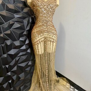 Gold Rhinestone full bodice appliqué / beaded fabric lace /glass gold rhinestones / front back and sleeves / luxury bridal fabric