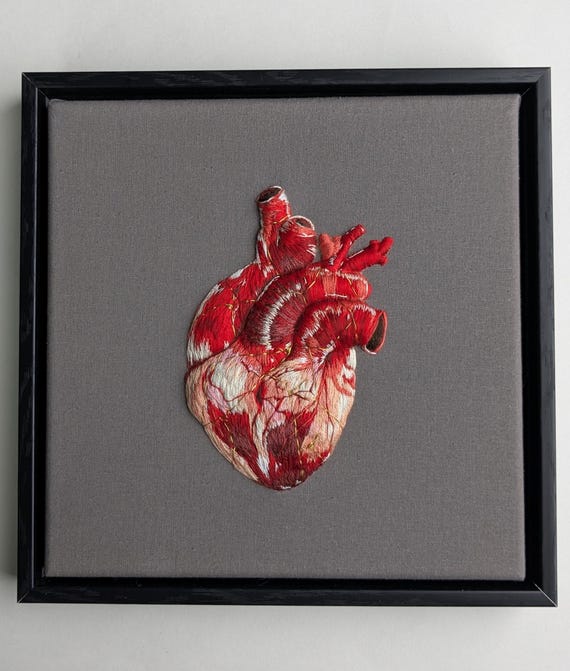 【DISCERNMENT】HAND-MADE heart painting knit Kintsugi Embroidery Art, Anatomical Heart Wall Art