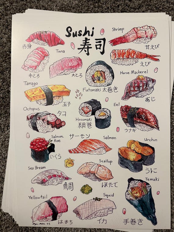 Sushi Varieties – Watercolor Japanese Food Print