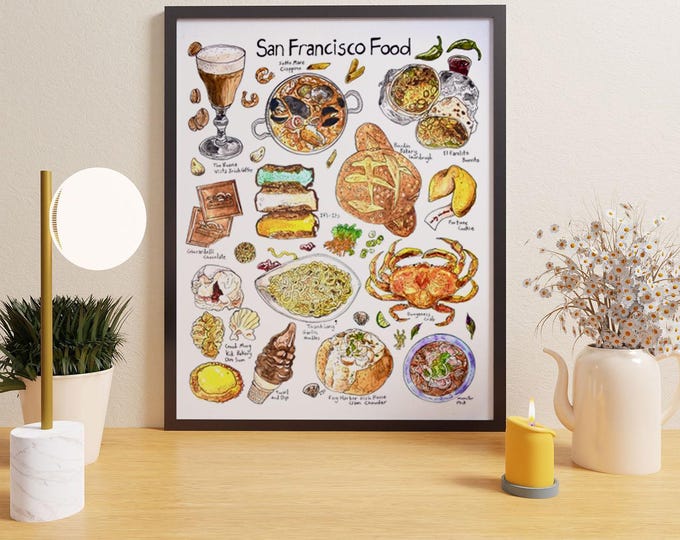 San Francisco Food Art Print – City Bites Original Watercolor, Signed Unframed Kitchen Wall Decor