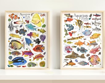 Aquarium Fish Art Print Set - Watercolor Freshwater and Saltwater Guide Duo