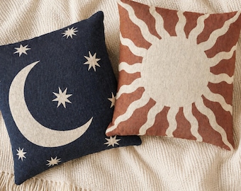Sun and Moon Pillow Set: Celestial Woven Throw Pillows, Astrology Home Decor, Boho Couch Cushion, Housewarming Gift