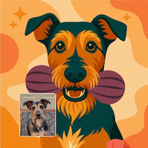K&ouml;nnte beinhalten: Stilisierte Illustration eines Hundes mit einem Knochen im Maul, in einer Farbpalette aus Orange, T&uuml;rkis und Braun. Ein kleineres Foto des Hundes befindet sich in der unteren linken Ecke. Der Hintergrund ist ein Gradient aus Orange und Pfirsich.