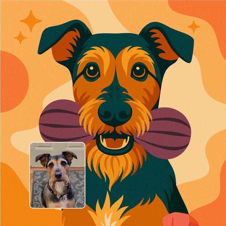 K&ouml;nnte beinhalten: Stilisierte Illustration eines Hundes mit einem Knochen im Maul, in einer Farbpalette aus Orange, T&uuml;rkis und Braun. Ein kleineres Foto des Hundes befindet sich in der unteren linken Ecke. Der Hintergrund ist ein Gradient aus Orange und Pfirsich.
