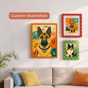 K&ouml;nnte beinhalten: Drei gerahmte Hundeillustrationen h&auml;ngen an einer wei&szlig;en Wand. Das gr&ouml;&szlig;te Bild zeigt einen Deutschen Sch&auml;ferhund. Die anderen Rahmen, mit roten und gr&uuml;nen R&auml;ndern, zeigen weitere Hunde. Der Text oben lautet "Custom Illustration."