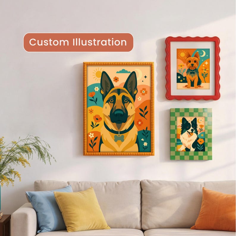 K&ouml;nnte beinhalten: Drei gerahmte Hundeillustrationen h&auml;ngen an einer wei&szlig;en Wand. Das gr&ouml;&szlig;te Bild zeigt einen Deutschen Sch&auml;ferhund. Die anderen Rahmen, mit roten und gr&uuml;nen R&auml;ndern, zeigen weitere Hunde. Der Text oben lautet "Custom Illustration."