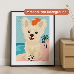 K&ouml;nnte beinhalten: Gerahmter Kunstdruck mit einem Cartoon-Hund am Strand mit einem Fu&szlig;ball. Der Hund ist cremefarben mit einem fr&ouml;hlichen Gesichtsausdruck. Der Hintergrund zeigt einen Sonnenuntergang, Palmen und den Text "Personalized Background".