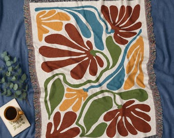 Colorful Woven Throw Blanket: Boho Floral Cotton Throw, Housewarming Gift, Retro 70s Couch Blanket, Cozy Home Decor Gift for Her & Mom