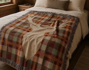 Deer Woven Blanket Gift: Housewarming Present, Rustic Plaid Throw, Nature Lover Decor, Cozy Cotton Tapestry for Home
