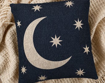 Celestial Moon Pillow: Woven Throw Cushion, Astrology Home Decor, Boho Couch Accent, Zodiac Gift, Witchy Bedroom Decor