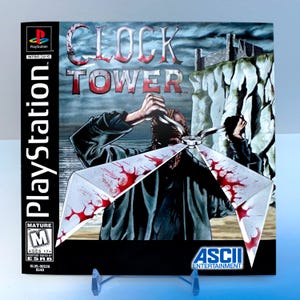 May include: Clock Tower PlayStation game case. The cover art features a menacing figure wielding a large blade with blood-red accents. The game title is in red, with the PlayStation logo and Mature rating visible.