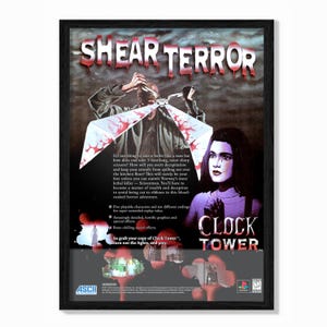 May include: Framed poster for the video game "Clock Tower" with the title "Shear Terror" in red dripping letters. The image features a menacing figure with scissors and a woman with a worried expression. The poster includes game details and the PlayStation logo.