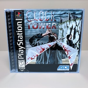 May include: Clock Tower PlayStation game case. The cover art features a menacing figure with a blade, blood spatter, and the game's title. The case is in a clear plastic jewel case.