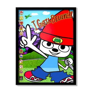 May include: A cartoon character with a red hat and a white face wearing a blue shirt and blue jeans. The character is holding a microphone and has a green frog on their hat. The background is a green field with purple mountains and a blue sky. The text "I GOTTA BELIEVE!!" is written in a white bubble above the character.