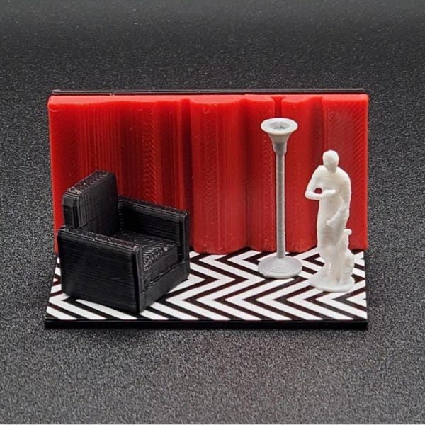 Mini imán de diorama de Twin Peaks (David Lynch, habitación roja, cabaña negra, imán, exhibición, escena, regalo)