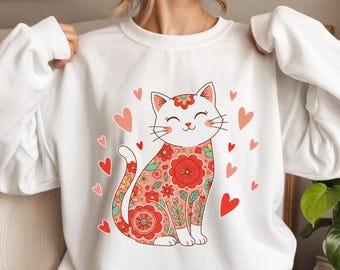 Cat Loves Valentines Day Shirt, Womens Cat Lover Sweatshirt, Cat Valentine Heart Tee, Heart Shirt, Valentine Cat Gift, Valentines Day Gift