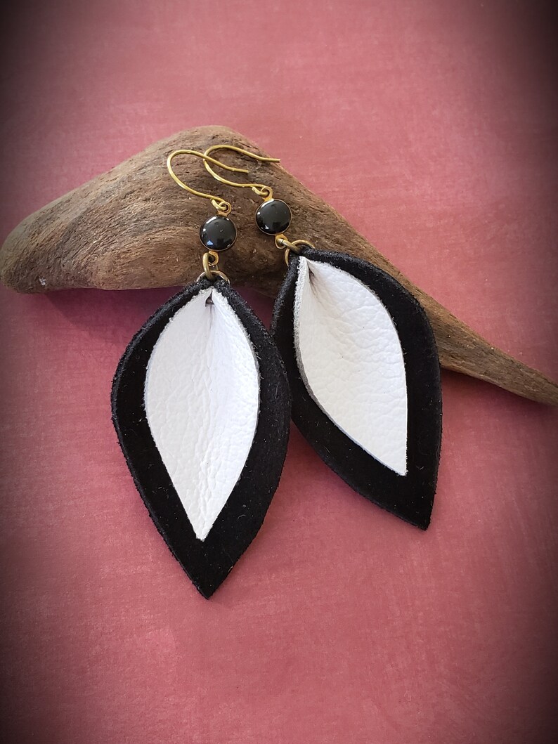Leather Earrings Long And Lightweight Earrings Minimalist Jewelry Black And White Jewelry Leather Jewelry Womens Jewelry Gift