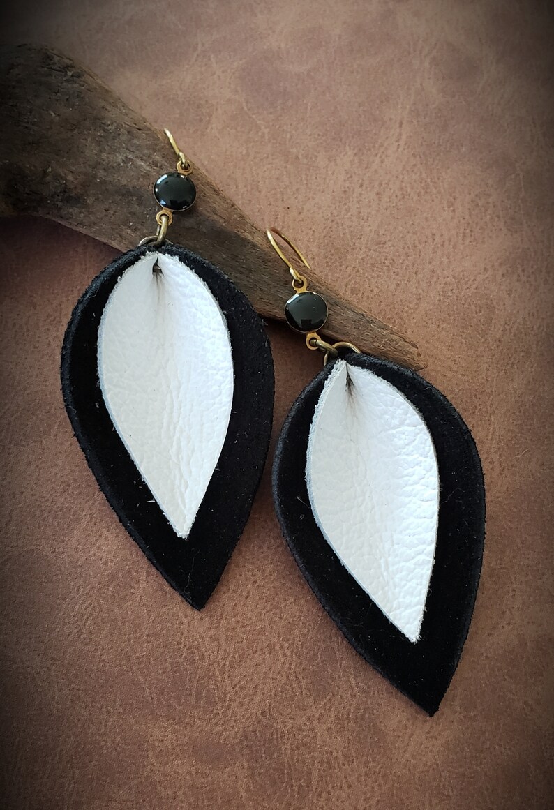 Leather Earrings Long And Lightweight Earrings Minimalist Jewelry Black And White Jewelry Leather Jewelry Womens Jewelry Gift