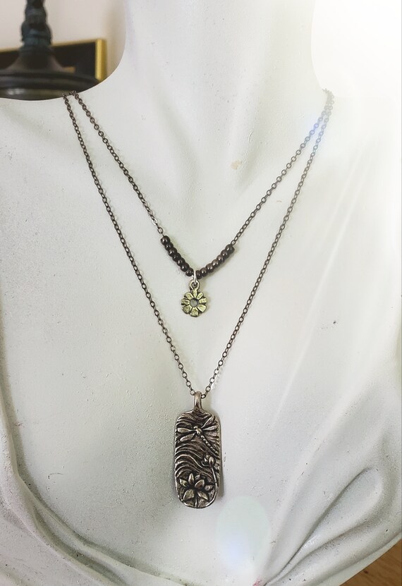 Download Layered Necklace In Gunmetal Gray With Pewter Dragonfly Charm Etsy