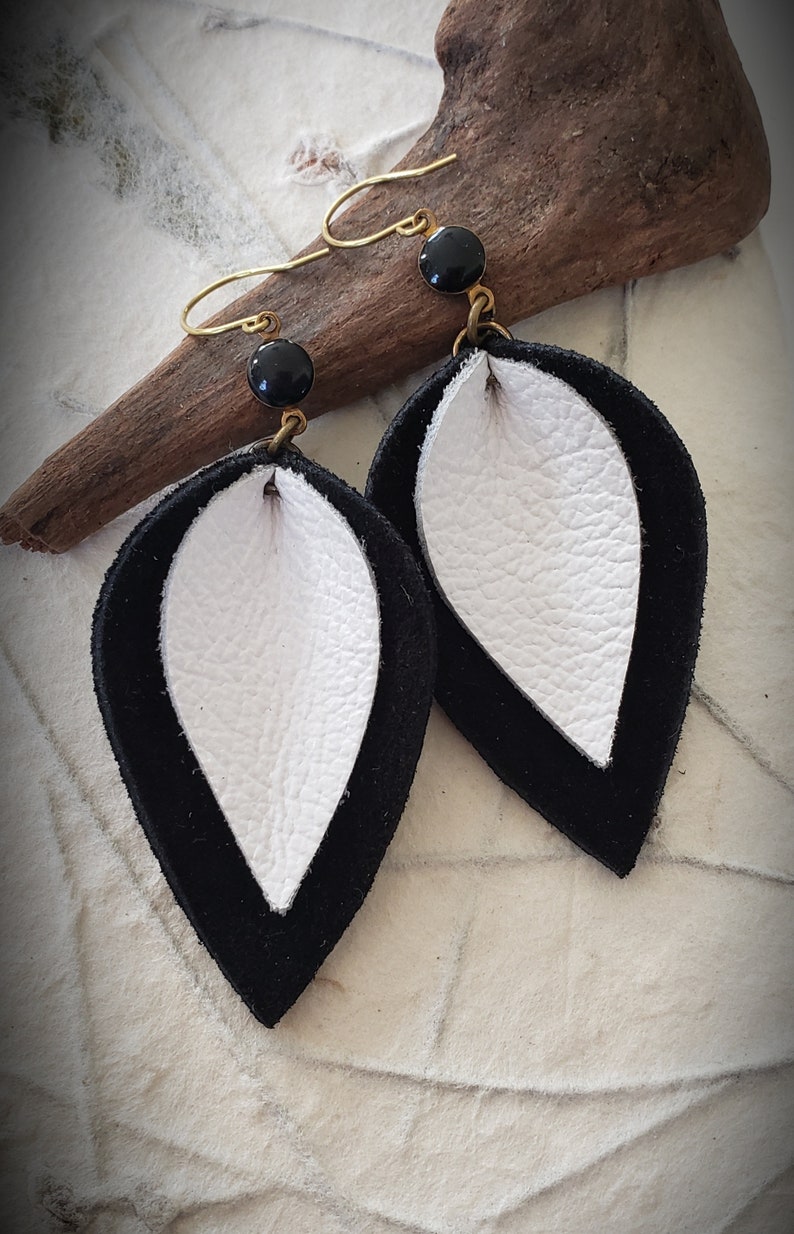 Leather Earrings Long And Lightweight Earrings Minimalist Jewelry Black And White Jewelry Leather Jewelry Womens Jewelry Gift
