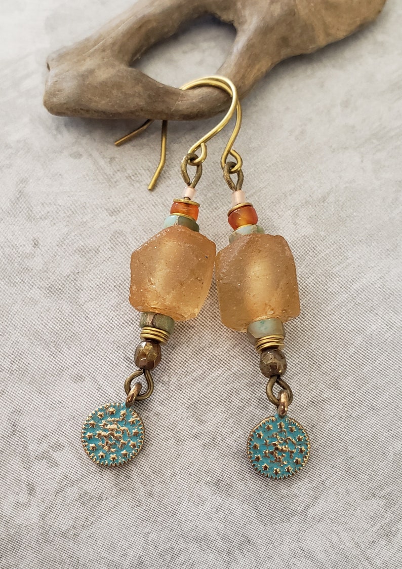 Gemstone Womens Jewelry Gift Glass Nugget Earrings Rustic Earrings In Peach And Aqua Blue Handmade Jewelry Lightweight Earrings